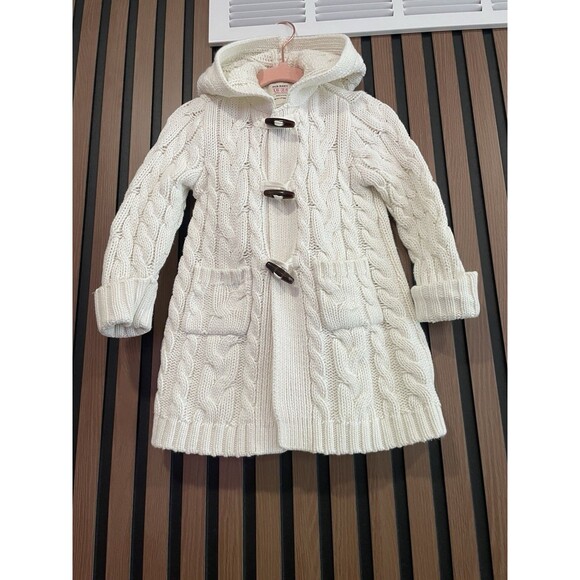 Hoodie Sweater Ecru Fisherman Cable Knit Toggle Hood Cardigan Cotton 18-24 Month - Picture 4 of 8